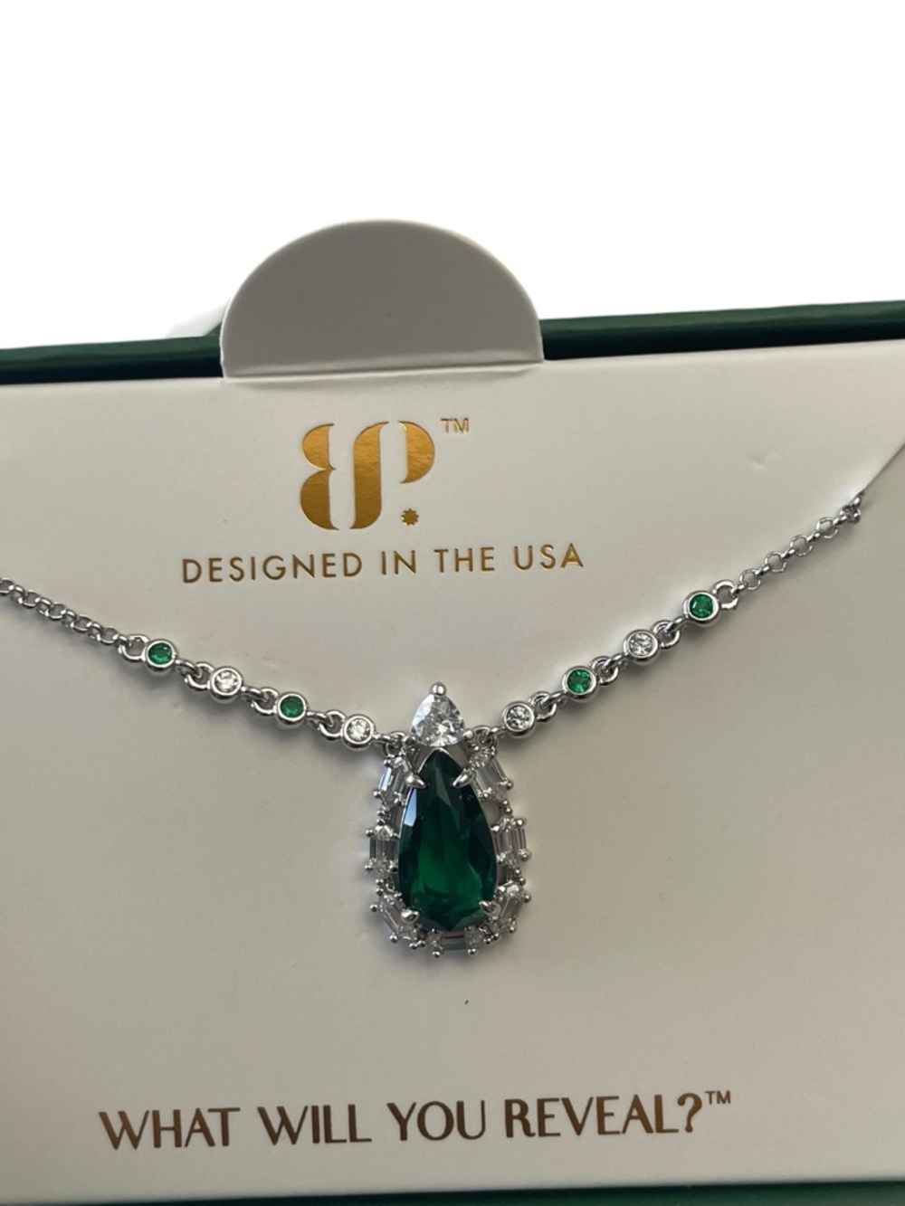 Bomb Party May 2026 Necklace 'Say It In Glamour' Emerald On Rhodium